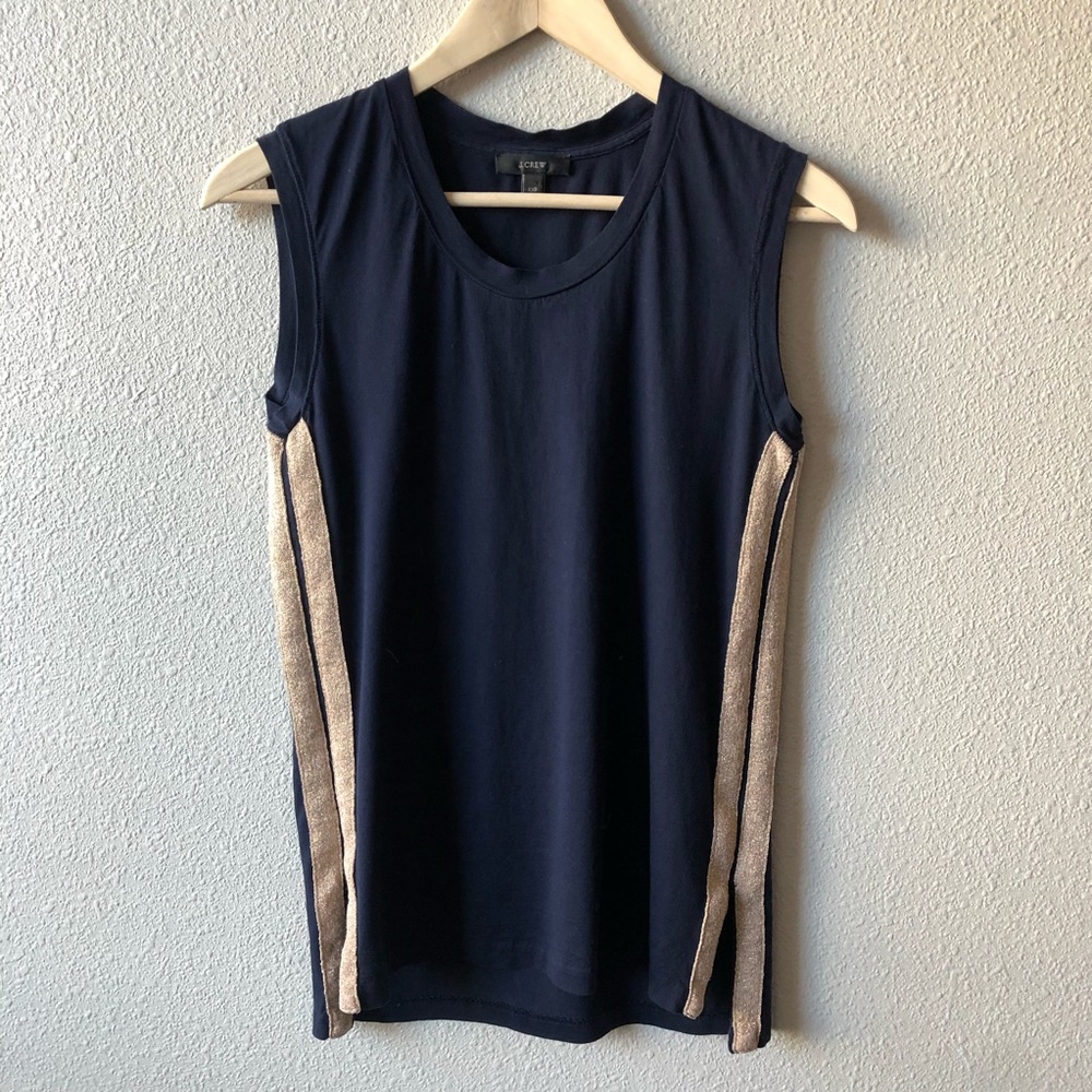 J. Crew Sporty Navy Metallic Side Stripe V-Neck Tank Top Sporty Preppy